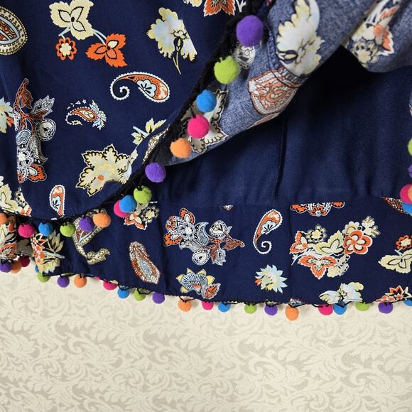 Entro Pom Pom Tunic Top sz L Blue Multicolor Paisley Floral Layered Boho Fairy - Picture 8 of 16